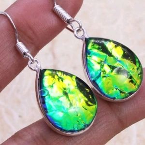 Green Triplet Fire Opal Silver Earrings - 1 1/2"